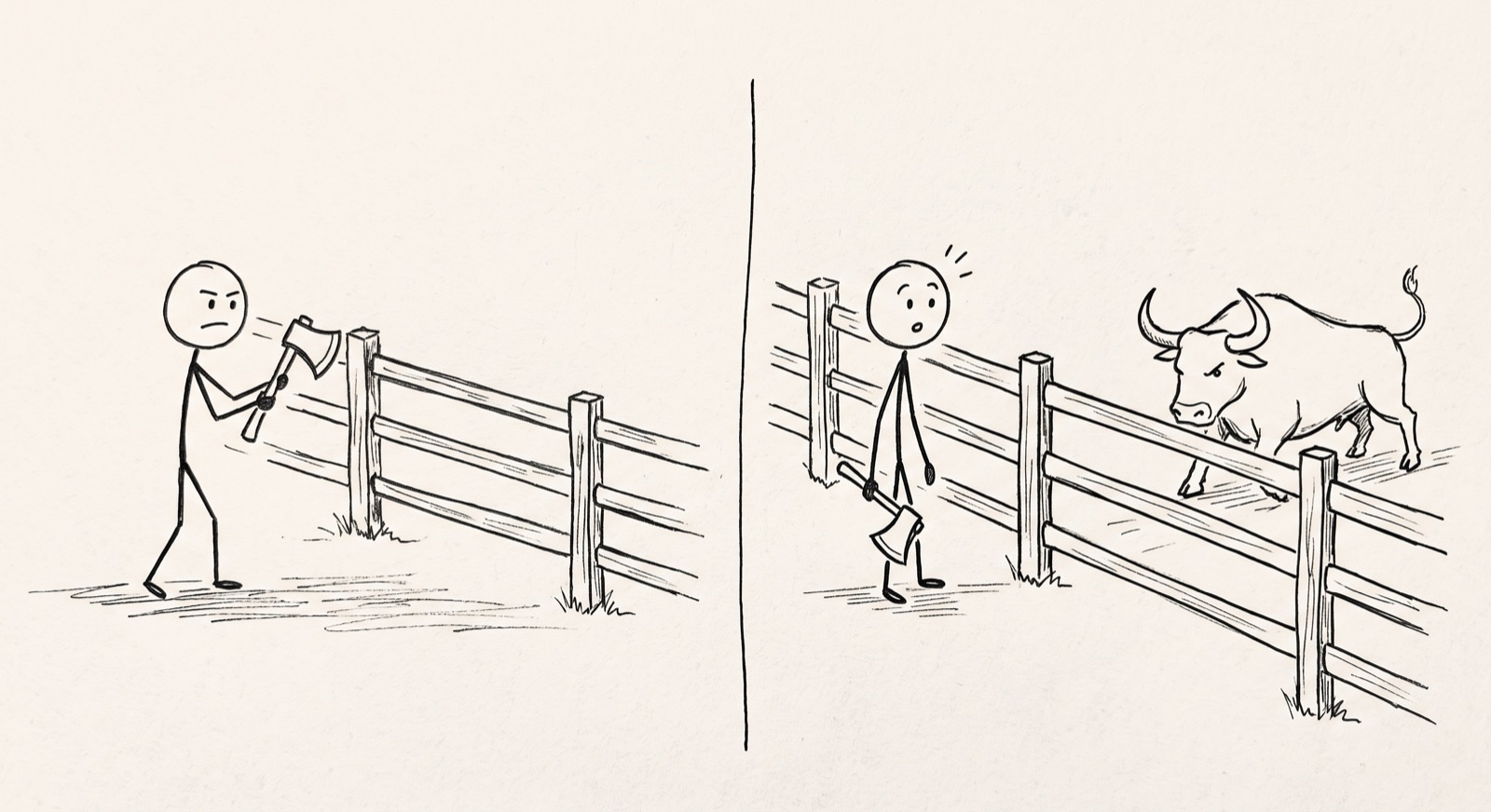 Two panels: a stick figure swings an axe at a fence without looking beyond it, then discovers - once the fence is gone - that it was keeping a bull out