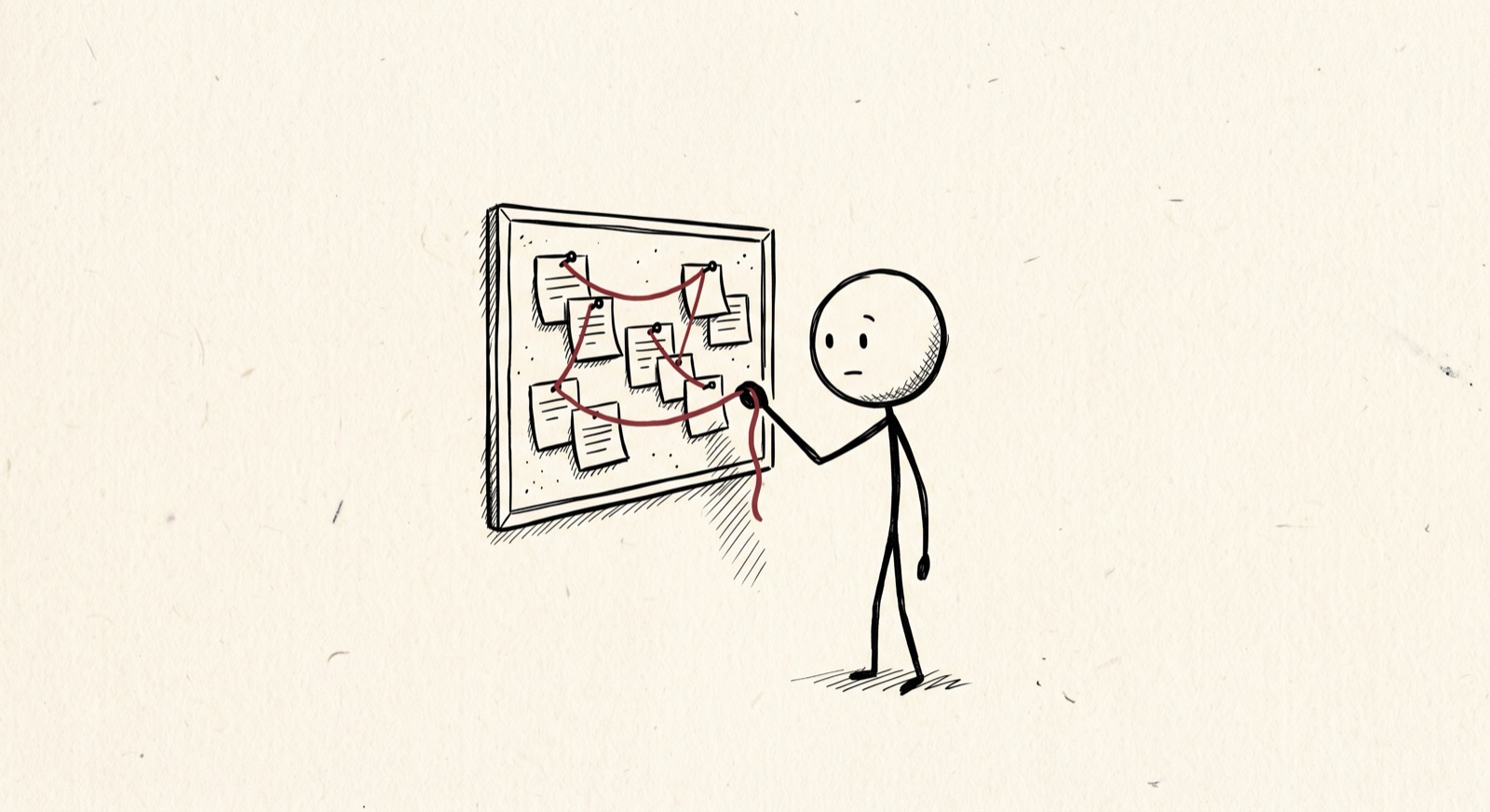 A stick figure stands in front of a corkboard, using red string to connect several sticky notes together, revealing a pattern