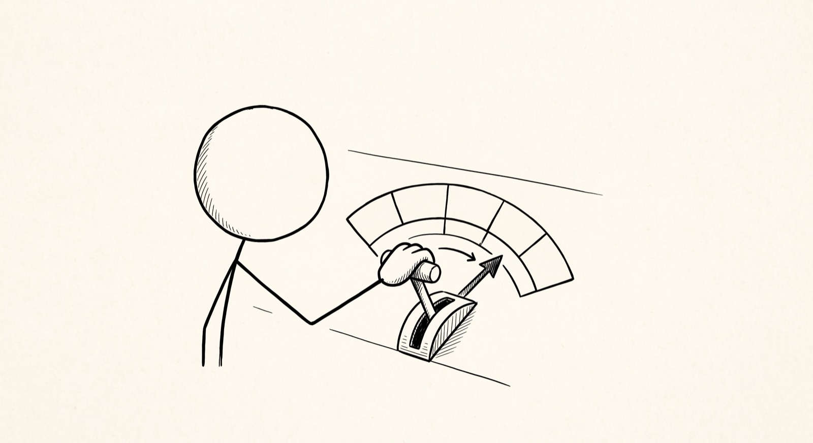 A stick figure's hand moves a lever along a dial, shifting the needle further toward one end