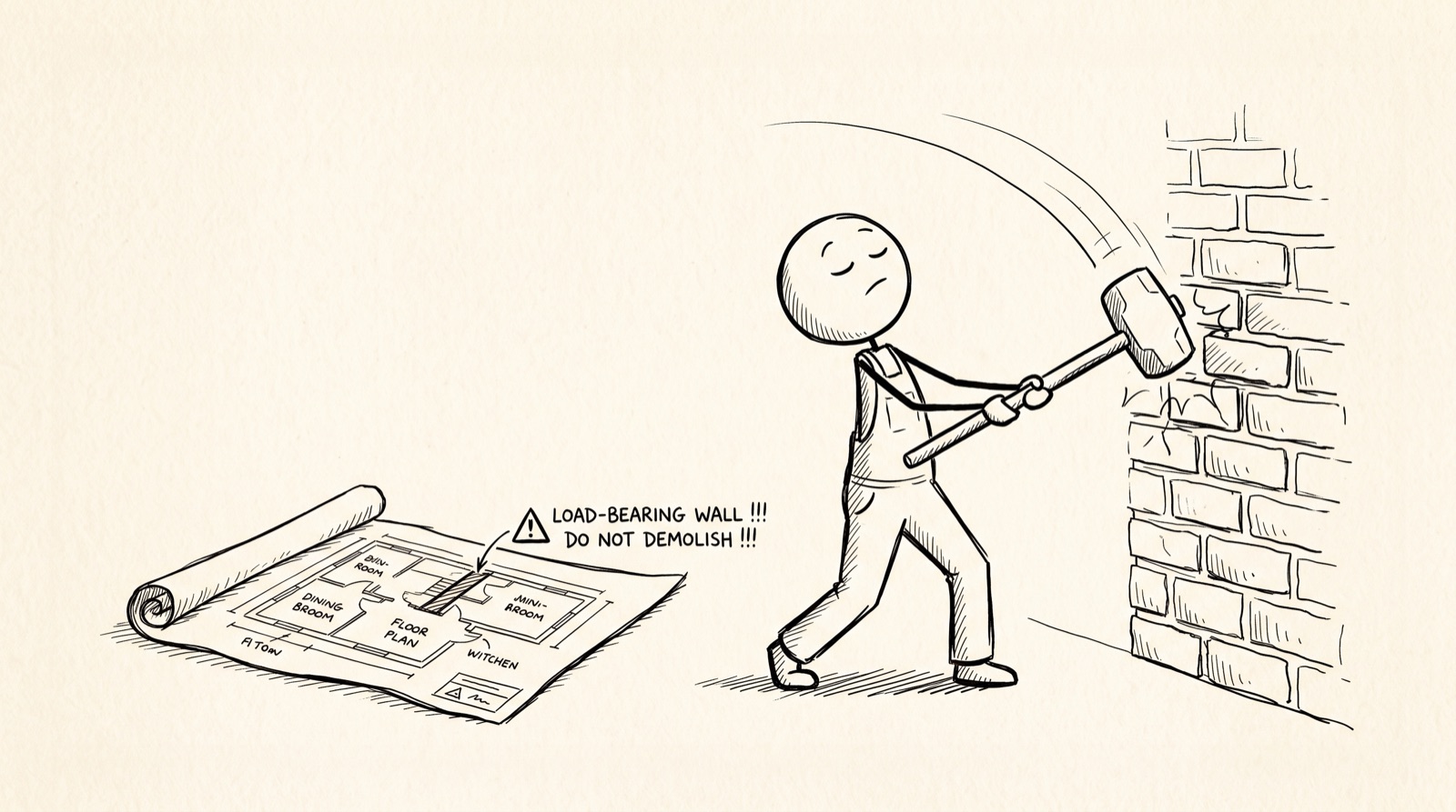 A stick figure swings a sledgehammer at a brick wall with eyes closed, while an unrolled blueprint on the ground clearly labels it a load-bearing wall not to be demolished